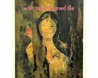 Lot 327 Abstract portrait print of girl with tulip. Signed ille