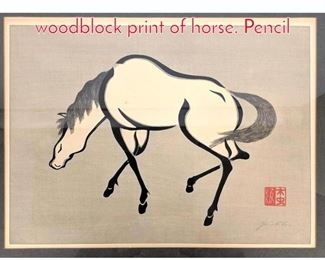 Lot 343 Black and white Asian woodblock print of horse. Pencil