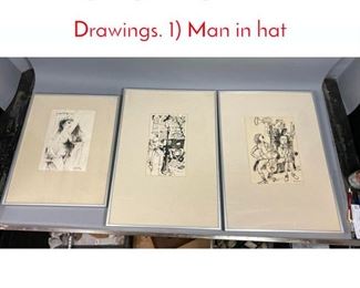 Lot 355 3pc Signed Figural Pen and Ink Drawings. 1 Man in hat