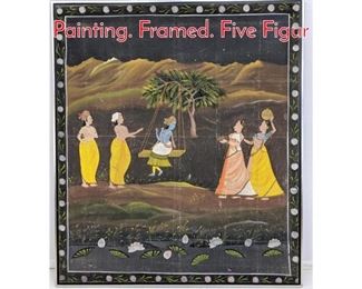 Lot 370 Large Indian Hindu Figural Painting. Framed. Five Figur