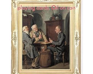 Lot 374 Figural painting of three men playing cards. Oil on can