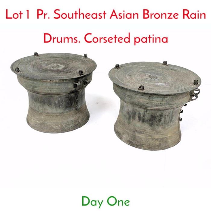 Lot 1 Pr. Southeast Asian Bronze Rain Drums. Corseted patina 