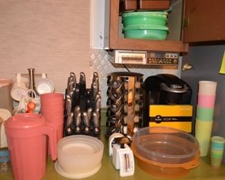 Keurig, Tupperware, knife set, spice rack
