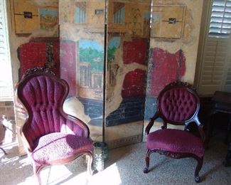 Large 4 panel screen and pair Victorian chairs