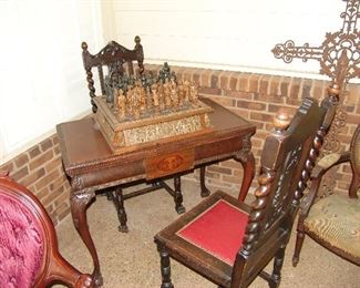 Game table with 2 leaves and Tobacco twist oak chairs