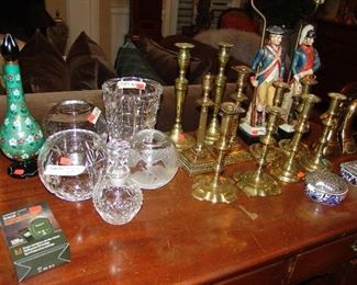 Antique brass candlesticks and crystal