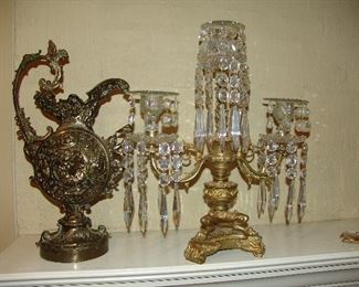 One of two crystal chandleabras and urns