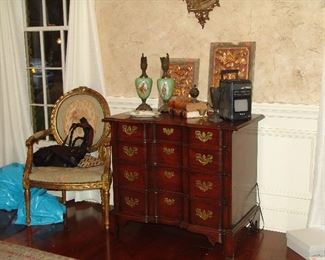 Chippendale mahogany chest and French chair