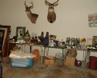 Pair deer mounts and miscellaneous garage