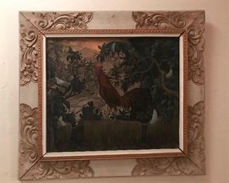 Balinese rooster painting with hand carved frame 