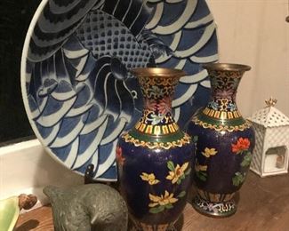 Cloisonné vases and Japanese fish plate 