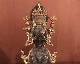 Antique Tibetan Buddha statue w/ gold leaf, turquoise inlay 