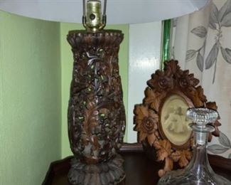Carved wood lamp and frame