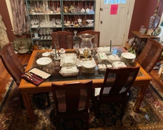 Glass top Dining Table with six Chairs, beautiful Asian Desin and Motif by Bernhart