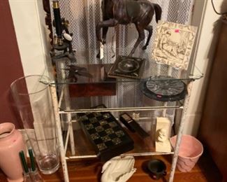 Three Tier Medical Table with Glass Shelves. Microscope, Leather Abercrombie and Fitch Horse, Antique inlaid Game Set of Checkers and Dominoes, Tile, Large Crystal Vase, Mother of Pearl Inlaid Antique Book