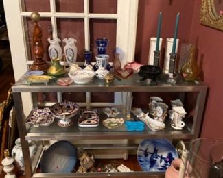 Pair of Steel Shelves, Various China, Glass and Pottery