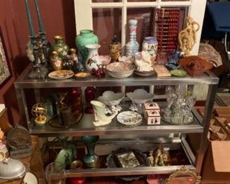 Pair of Steel Shelves, Various China, Glass and Pottery