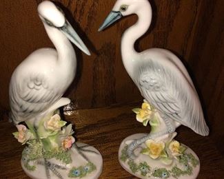 PAIR OF HIGH QUALITY PORCELAIN BIRD CRANES WITH FLORAL DECORATIVE ADORNMENTS.   EXCELLENT CONDITION WITH NO DAMAGE