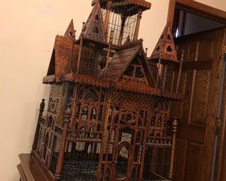 CLOSE UP VIEW OF RARE 6' HIGH MAHOGANY GOTHIC BIRDCAGE WITH ORNATE CARVED DETAILS - RARE TAGGED ITEM