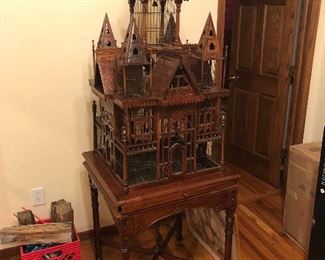 RARE 6' HIGH MAHOGANY GOTHIC BIRDCAGE WITH ORNATE CARVED DETAILS - RARE TAGGED ITEM
