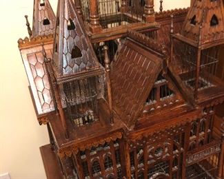 CLOSE UP VIEW OF RARE 6' HIGH MAHOGANY GOTHIC BIRDCAGE WITH ORNATE CARVED DETAILS - RARE TAGGED ITEM