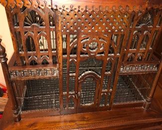 CLOSE UP VIEW OF RARE 6' HIGH MAHOGANY GOTHIC BIRDCAGE WITH ORNATE CARVED DETAILS - RARE TAGGED ITEM