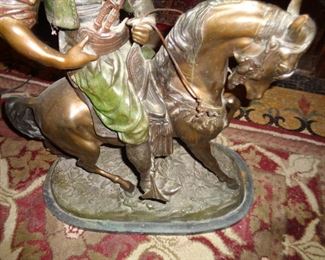 SIDE VIEW OF HORSE DETAILS CLOSE UP AERIAL VIEW OF RARE LARGE BRONZE ARABIC WARRIOR ON HORSE WITH ORIGINAL BARYE SIGNED SIGNATURE