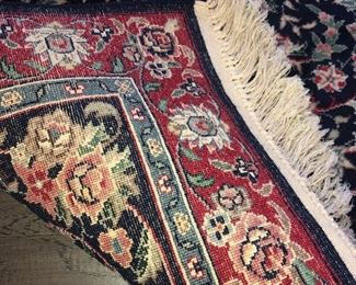 BOTTOM VIEW OF 100'S WEAVES PER SQUARE INCH OF THIS CORNER PHOTO WEAVE OF BOARDERS CLOSE UP VIEW OF DETAILED BOARDERS  & FLORAL SPRAYS OF DETAILED WEAVE OF IRANIAN FULL LENGTH SAROUK HAND WOVEN FLOOR RUNNER - HAND WOVEN IN EXCELLENT CONDITION