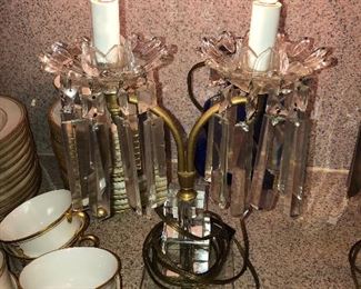 CLOSE UP VIEW RARE OF CUT GLASS PAIR BOUDOIR LAMPS WITH ALL ORIGINAL CUT CRYSTAL PRISMS. WIRED FOR SWITCHES,  ATTRIBUTED TO WATERFORD. 