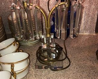 CLOSE UP VIEW RARE OF CUT GLASS PAIR BOUDOIR LAMPS WITH ALL ORIGINAL CUT CRYSTAL PRISMS. WIRED FOR SWITCHES,  ATTRIBUTED TO WATERFORD. 