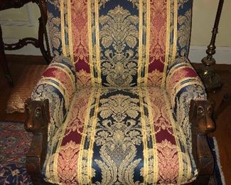 JOHN HERTER OR POTTER & STYMUS HIGHLY CARVED DOG ARMS CHAIR WALNUT WOOD AND RECENTLY REUPHOLSTERED WITH QUALITY HISTORIC PATTERN MATERIAL.