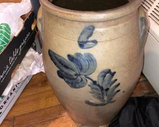 CLOSE UP VIEW OF VERY HEAVY LARGE 19TH CENTURY STONE CROCK WITH ARTIST MANUFACTURER SIGNATURE