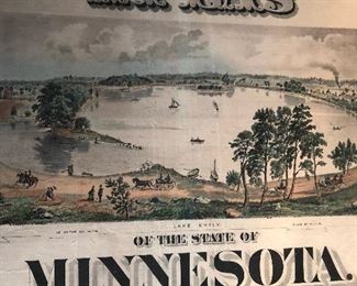 CLOSE UP VIEW OF RARE 19TH CENTURY OF STONE COLOR LITHOGRAPH OF MINNESOTA LAKE VILLAGE SCENE AND PROFESSIONALLY FRAMED.