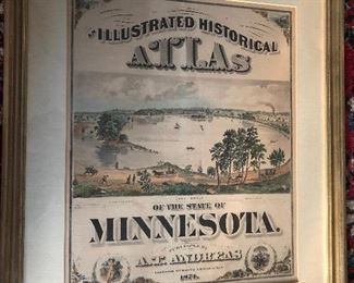 CLOSE UP VIEW OF RARE 19TH CENTURY OF STONE COLOR LITHOGRAPH OF MINNESOTA LAKE VILLAGE SCENE AND PROFESSIONALLY FRAMED.