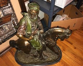 BEST PHOTO SIDE VIEW OF HORSE DETAILS CLOSE UP AERIAL VIEW OF RARE LARGE BRONZE ARABIC WARRIOR ON HORSE WITH ORIGINAL BARYE SIGNED SIGNATURE
