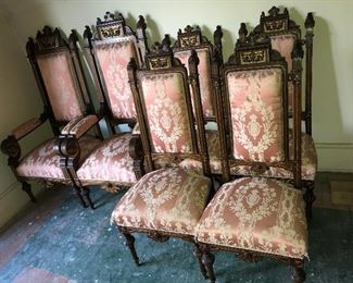 EXTREMELY RARE JOHN HERTER VICTORIAN PARLOR SUITE CIRCA 1870 OF CARVED WALNUT & GOLD PAINTED ADORNMENT DECORATIONS -A 7 PIECE SET INCLUDING SOFA, 2 ARM CHAIRS, 4 CHAIRS. 