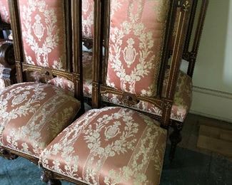 CLOSE UP VIEW OF EXTREMELY RARE JOHN HERTER VICTORIAN PARLOR SUITE CIRCA 1870 OF CARVED WALNUT & GOLD PAINTED ADORNMENT DECORATIONS -A 7 PIECE SET INCLUDING SOFA, 2 ARM CHAIRS, 4 CHAIRS.  