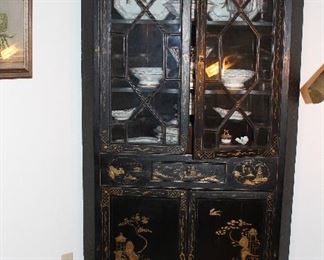 Corner Black Lacquer Oriental Chippendale influenced China/Curio cabinet