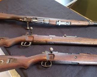 1. WWII German Mauser 8mm 1940
2.  WWII German Mauser 8mm 1939 all matching serial #s
3.  WWI?  Belgium Mauser 