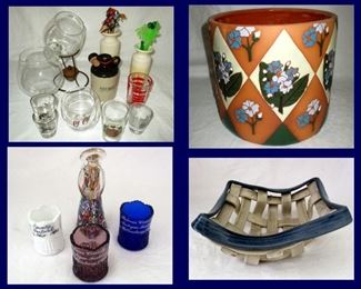 Brandy Snifters, Shot Glasses, Painted Planter, Vintage Glassware and Ceramic Basket 