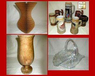 Cardboard Vase, Stein Collection, Stone Vase and Opalescent Glass Basket 