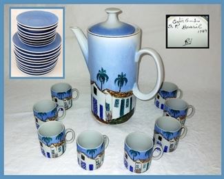 Chocolate Pot, Demitasse Cups, Saucers and larger saucers, part of the HUGE Collection of Signed Ester Robacov, aka Ester Embu, Famous Listed Brazilian Artist, Hand Painted Porcelain Pieces 