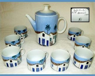 Teapot and Tea Cups, part of the HUGE Collection of Signed Ester Robacov, aka Ester Embu, Famous Listed Brazilian Artist, Hand Painted Porcelain Pieces 