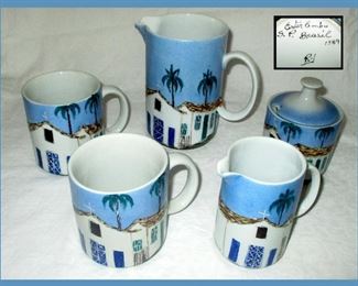 Pitcher, Creamer, Sugar and 2 Coffee Mugs, part of the HUGE Collection of Signed Ester Robacov, aka Ester Embu, Famous Listed Brazilian Artist, Hand Painted Porcelain Pieces 
