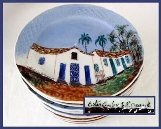 Set of Plates, Part of the HUGE Collection of Signed Ester Robacov, aka Ester Embu, Famous Listed Brazilian Artist, Hand Painted Porcelain Pieces 