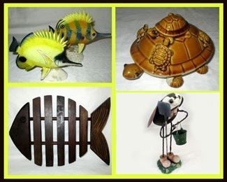 Pretty Fish, Turtle with Moving Legs Wooden Fish Trivet and Weather Worn Yard Art Bug