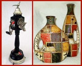 German Music Box and Pair of Decorative Vases 