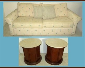Nice Sofa with Small Blue Palm Trees and a Pair of Marble Top Tables