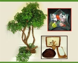 Faux Tree, Glass Bowl with Glass Candies and Wooden Serving Items 