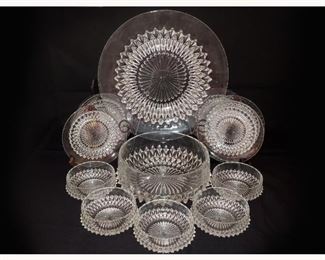 Set of Clear Glass Bowls, Plates and Large Platter 